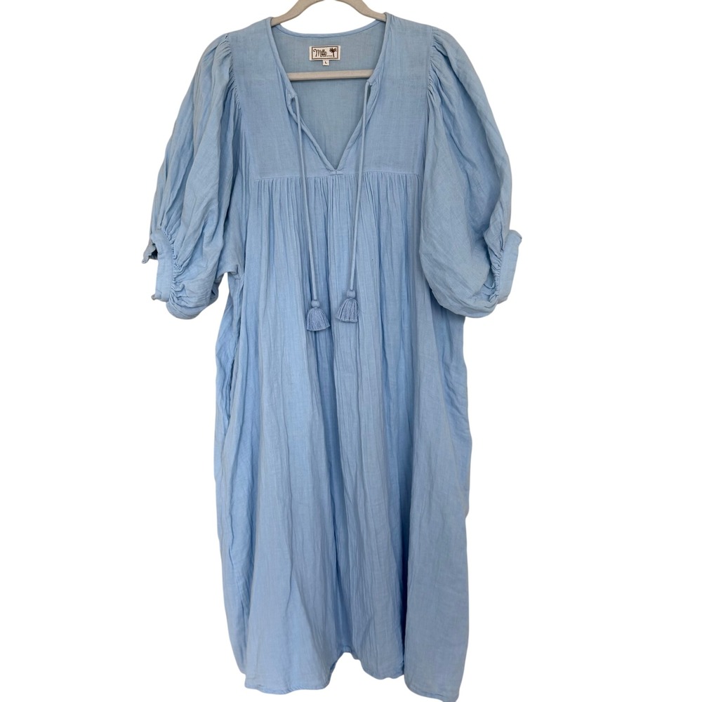 Mille Resort & Travel Gauzy Cotton Puff Sleeve Midi Dress Large Light Blue NEW!